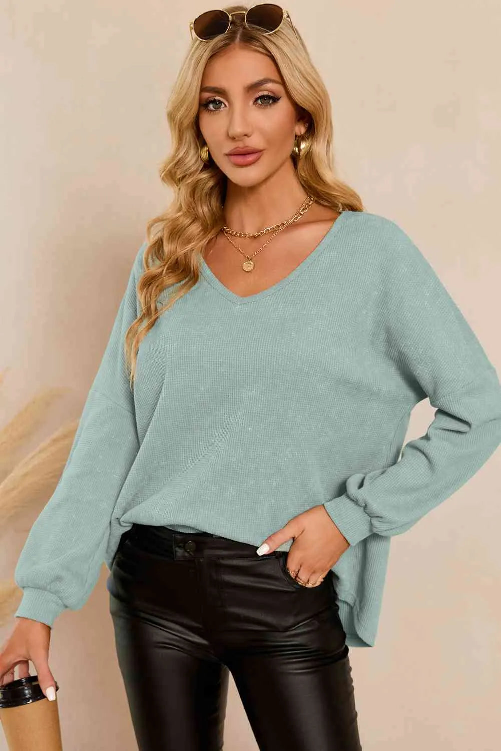 V-Neck Long Sleeve Top Air Force Blue Blouses - Tophatter Daily Deals