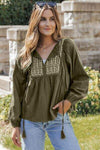 Embroidered Tassel Tie Neck Balloon Sleeve Blouse Army Green Blouses - Tophatter Daily Deals