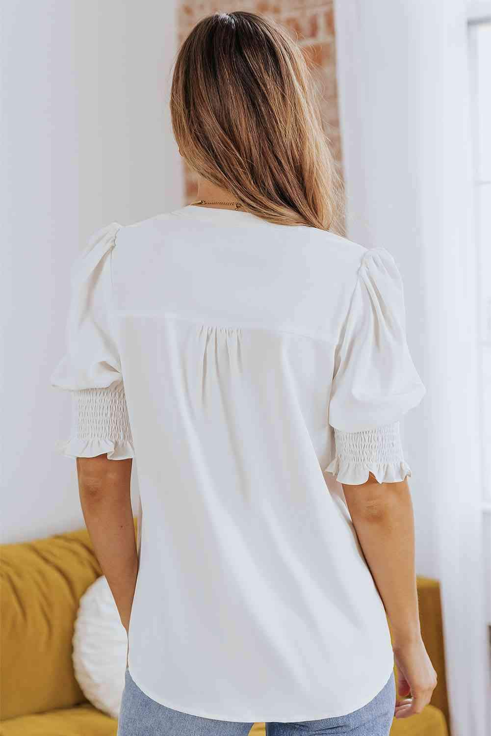 Smocked Flounce Sleeve Notched Neck Blouse Blouses - Tophatter Daily Deals