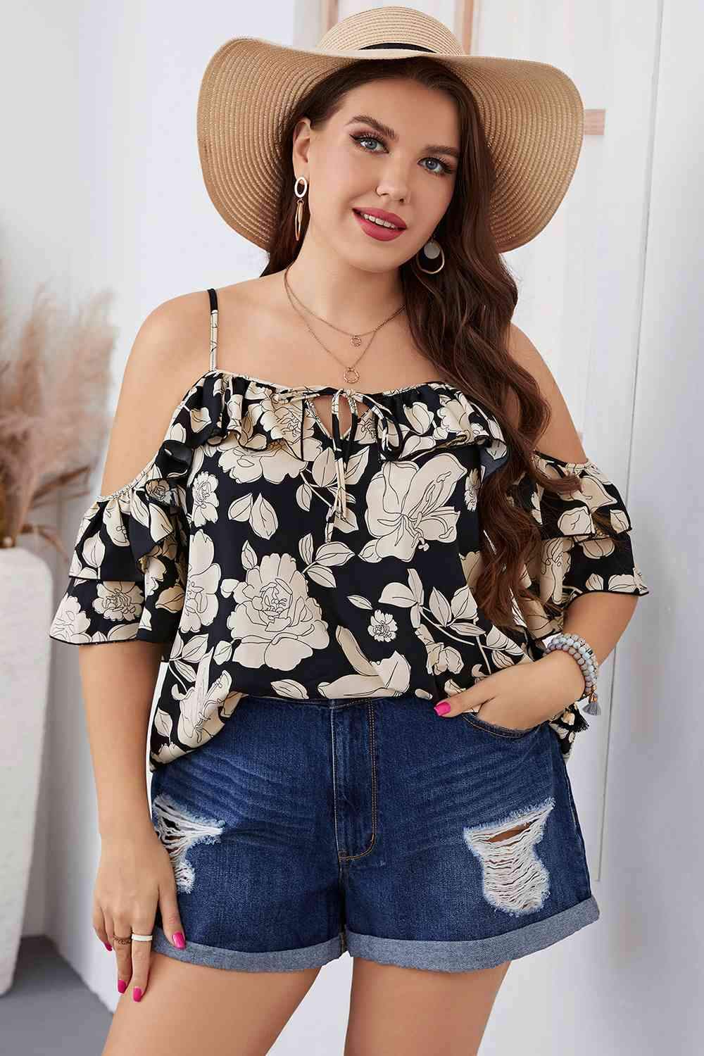 Plus Size Floral Spaghetti Strap Blouse Black Blouses - Tophatter Daily Deals