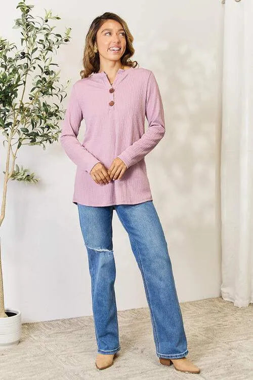 Celeste Full Size Texture Half Button Long Sleeve Blouse Blouses - Tophatter Daily Deals