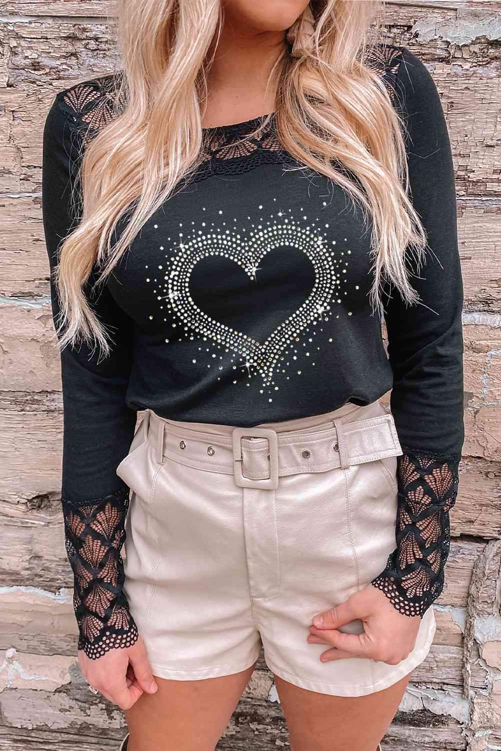 Heart Graphic Openwork Round Neck Blouse Blouses - Tophatter Daily Deals