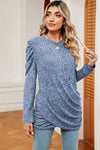 Round Neck Puff Sleeve T-Shirt Dusty Blue Women's T-Shirts - Tophatter Daily Deals