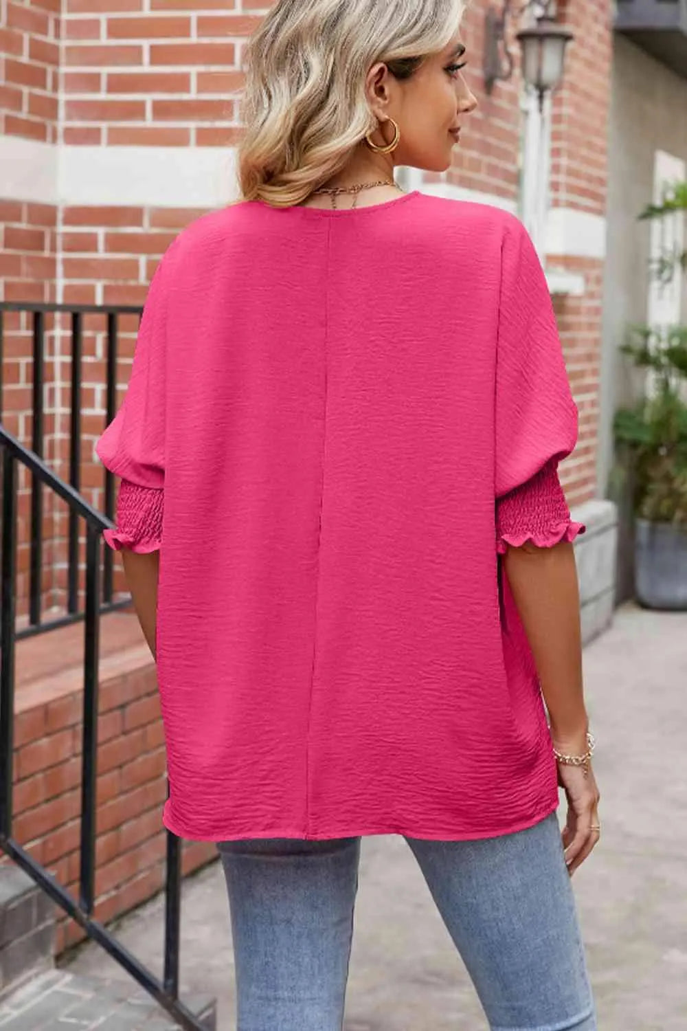 Round Neck Smocked Lantern Sleeve Blouse Blouses - Tophatter Daily Deals