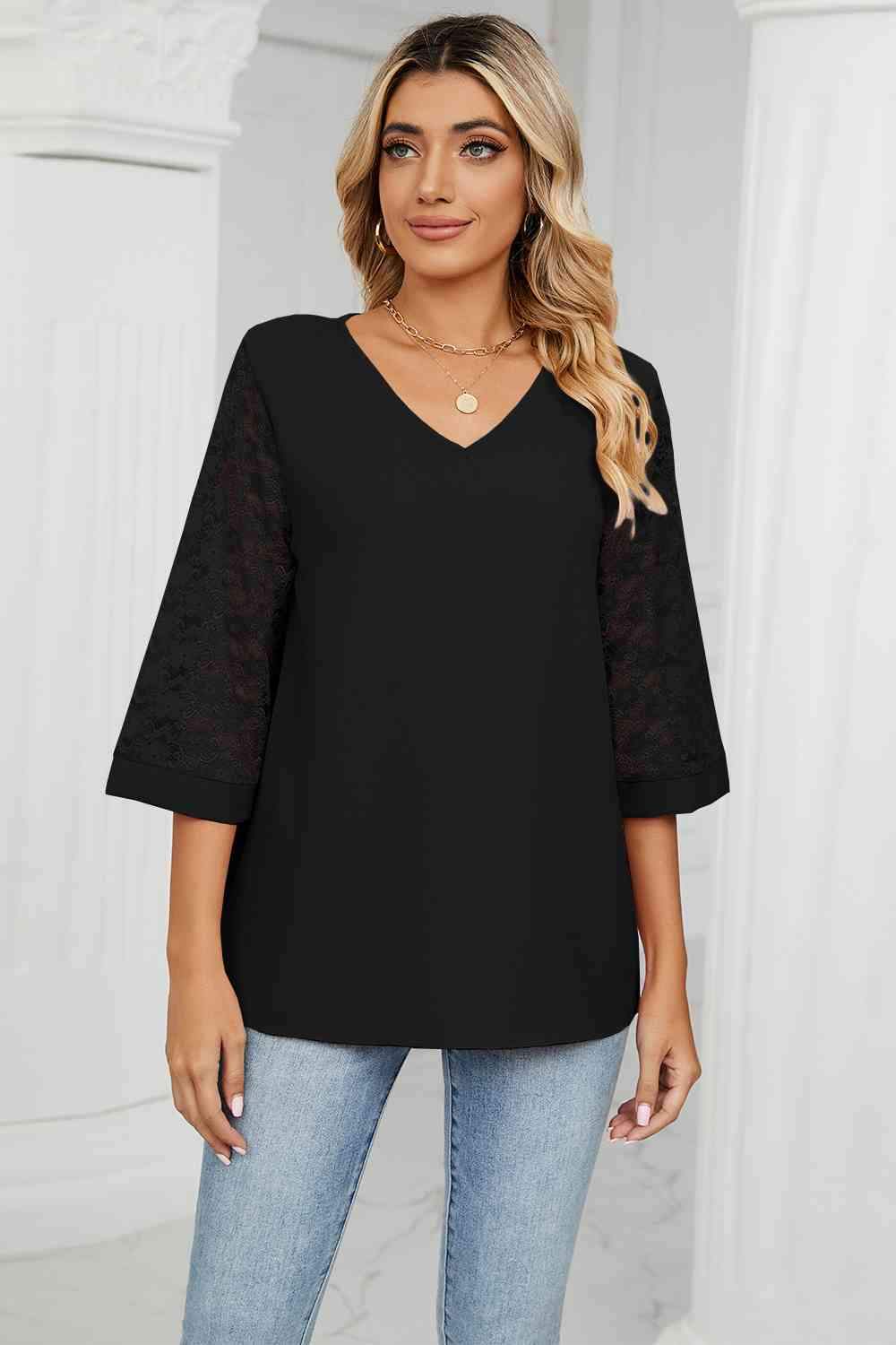 V-Neck Three-Quarter Sleeve Top Black Women's T-Shirts - Tophatter Daily Deals