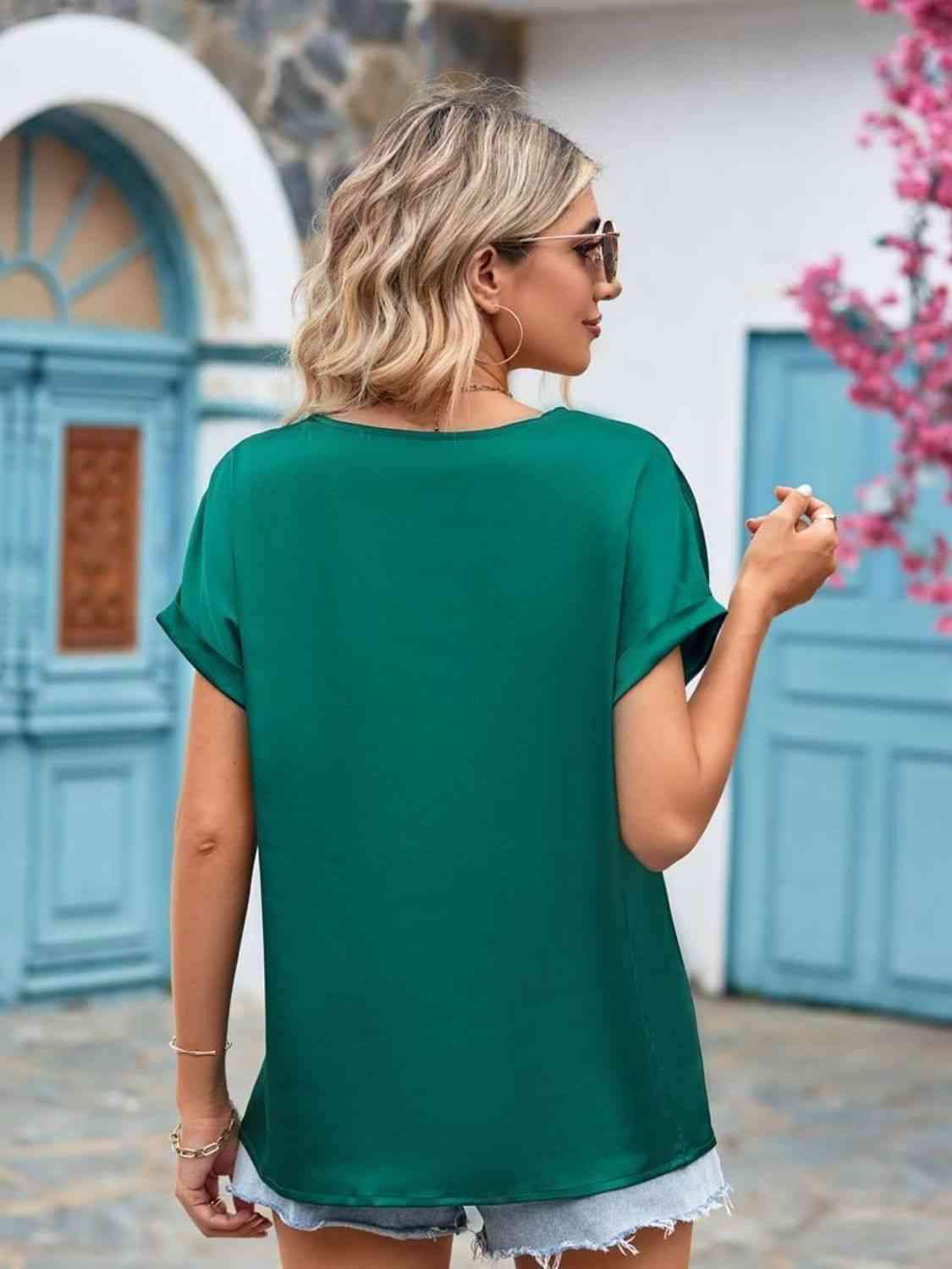 V-Neck Cuffed Blouse Blouses - Tophatter Daily Deals