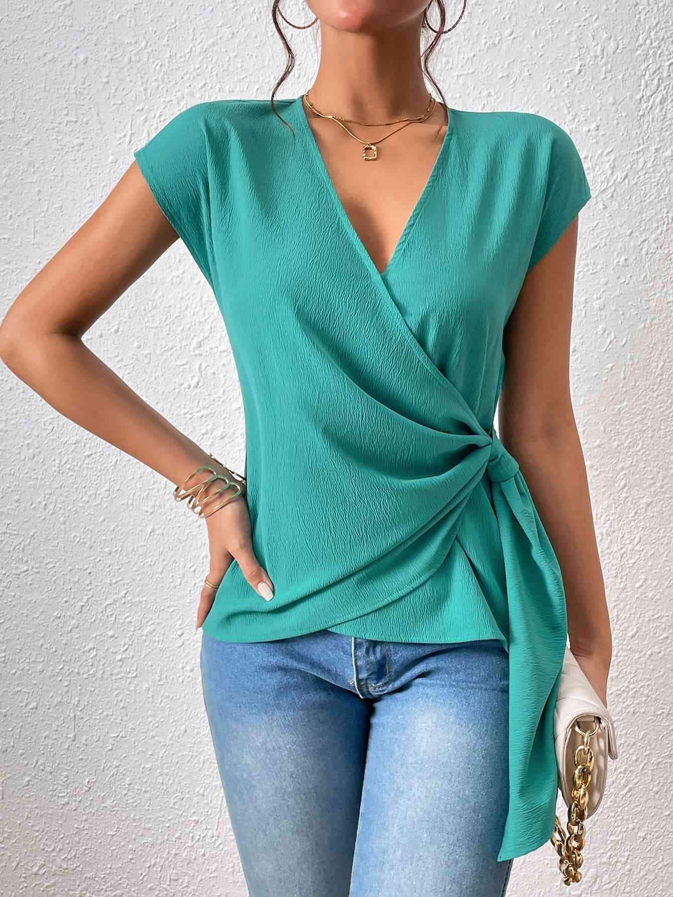 Tied Surplice Neck Short Sleeve Blouse Blouses - Tophatter Daily Deals