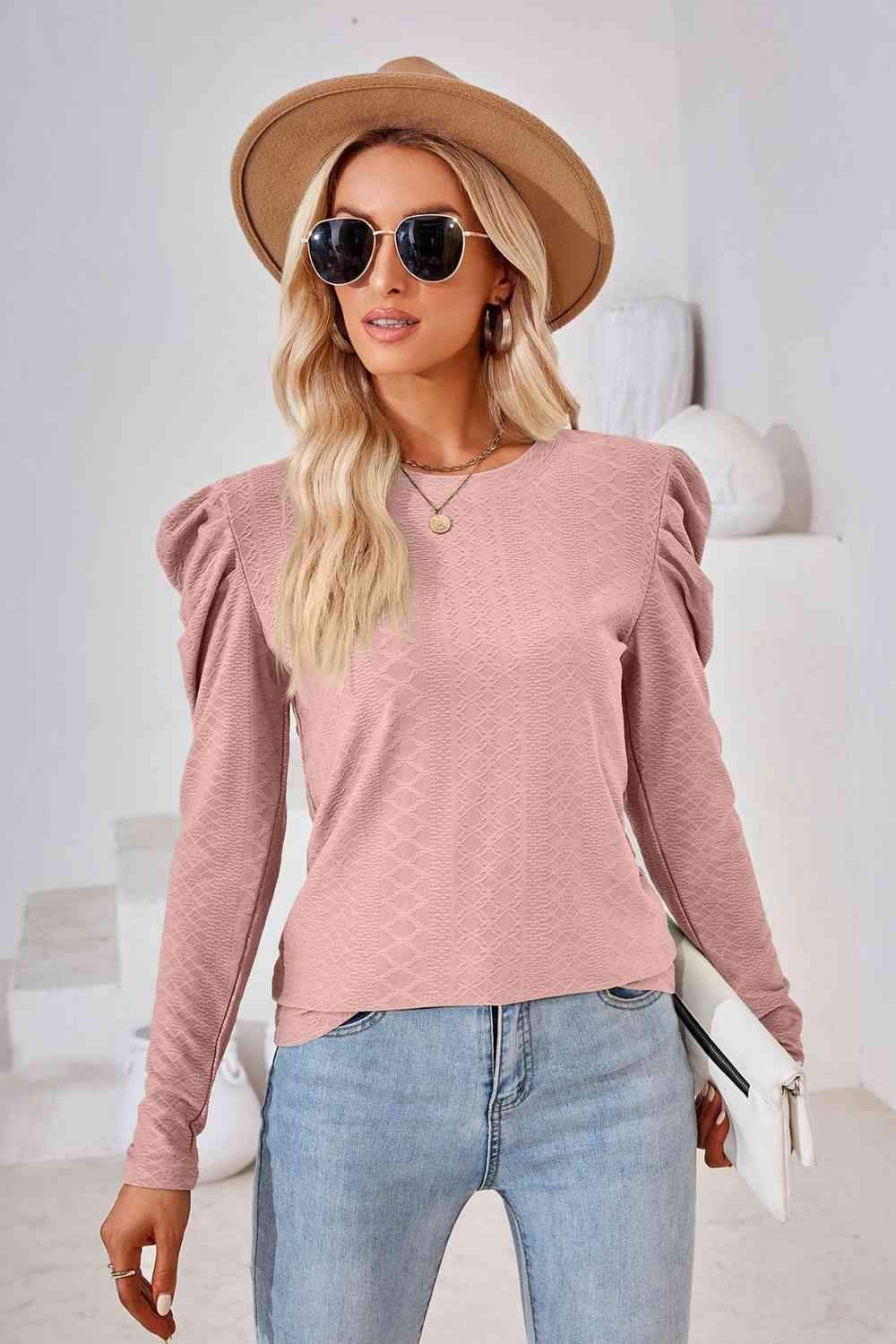 Round Neck Puff Sleeve Blouse Dusty Pink Blouses - Tophatter Daily Deals