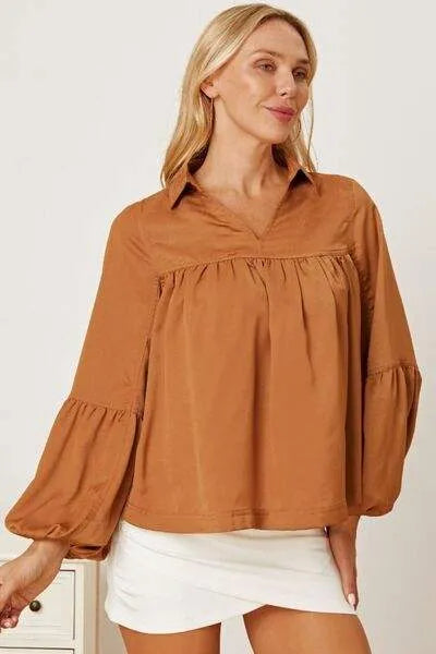 Balloon Sleeve Collared Neck Blouse Blouses - Tophatter Daily Deals