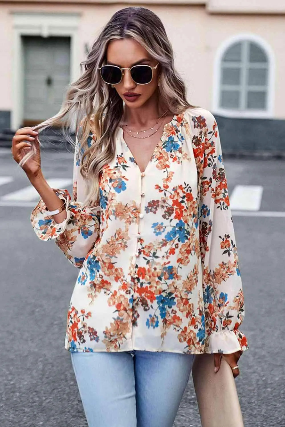 Floral Print Flounce Sleeve Blouse Blouses - Tophatter Daily Deals