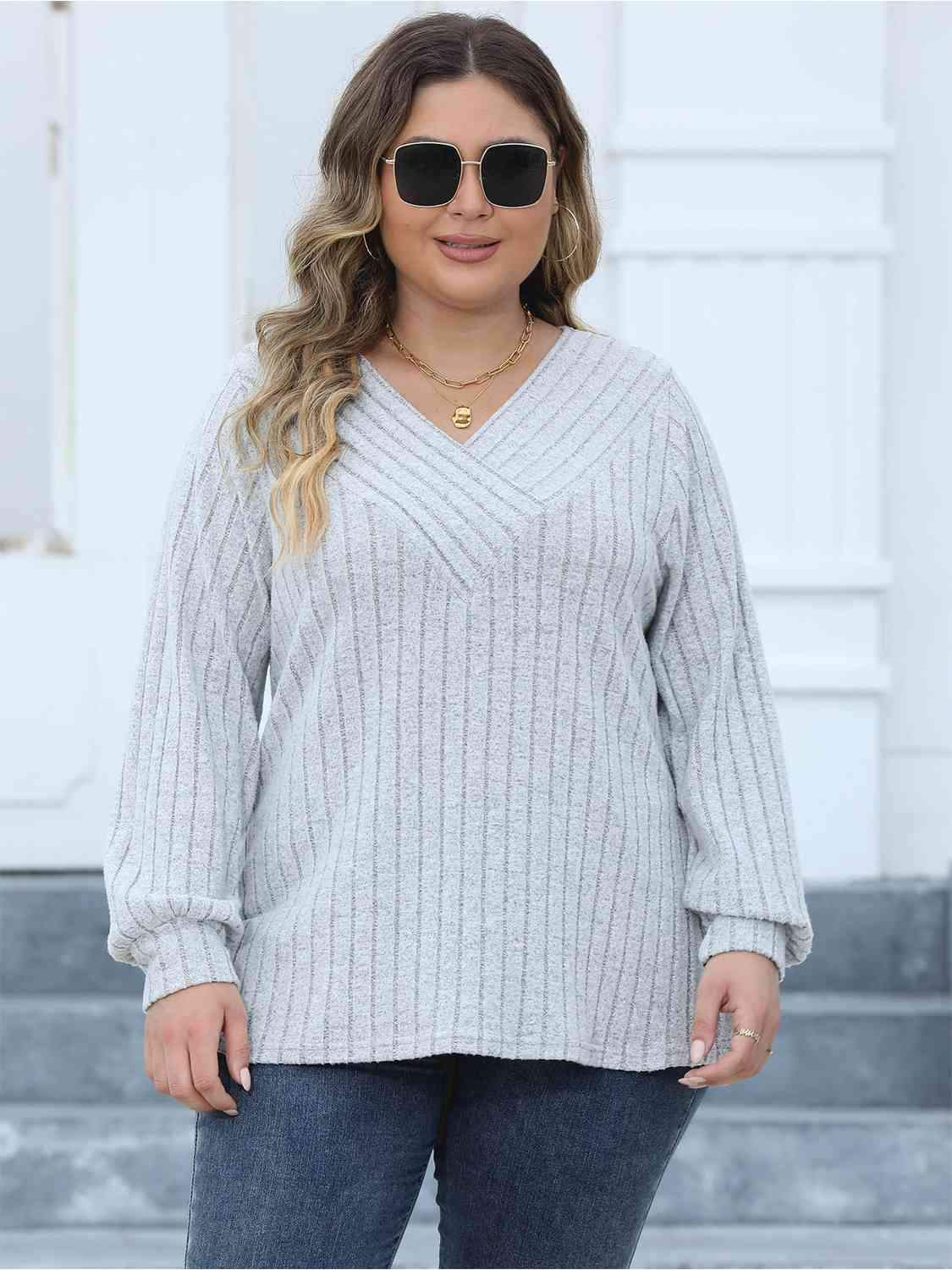 Plus Size Ribbed V-Neck Long Sleeve Top Cloudy Blue Women's T-Shirts - Tophatter Daily Deals