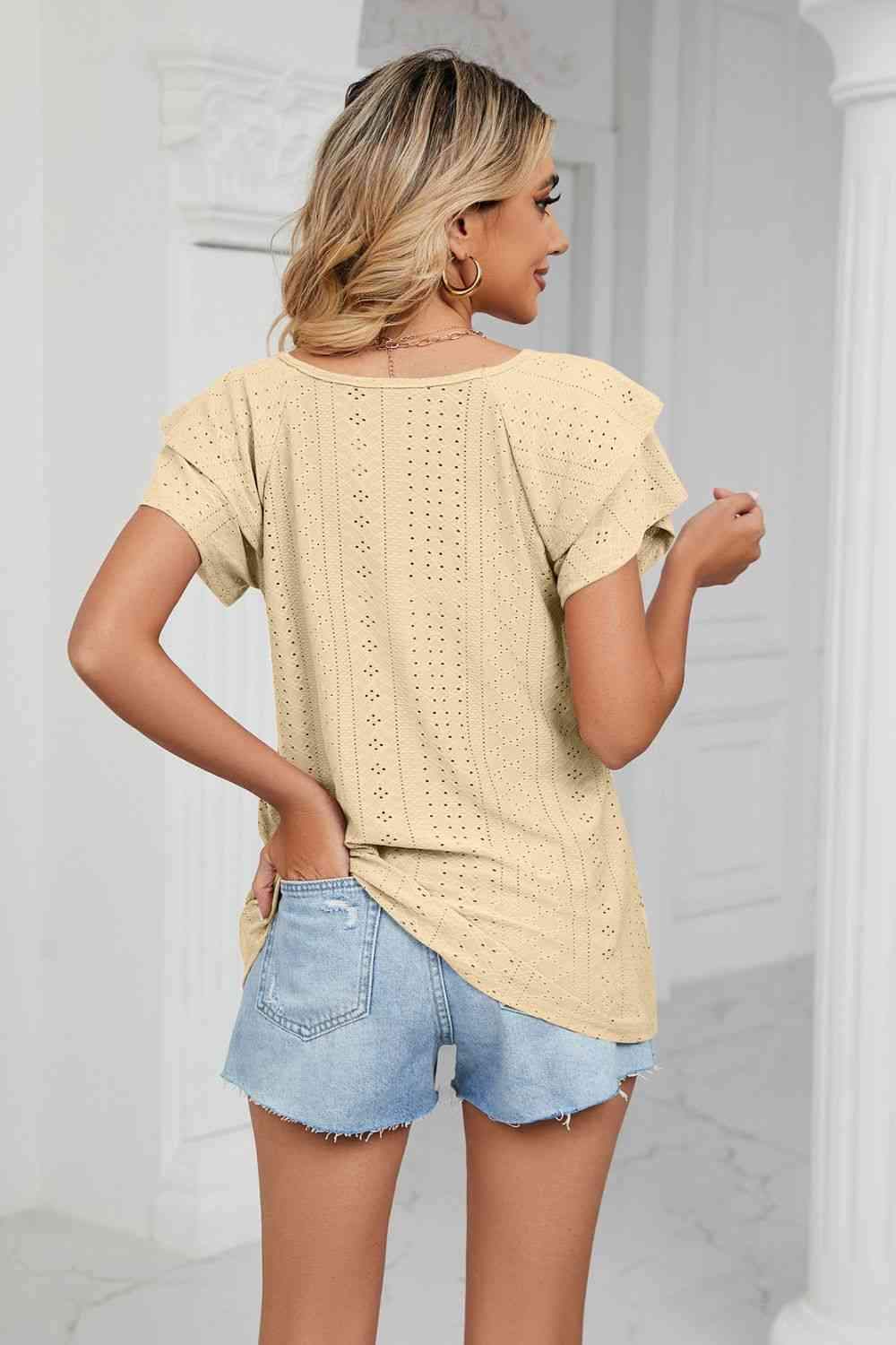 Eyelet Layered Flutter Sleeve V-Neck Knit Top Blouses - Tophatter Daily Deals