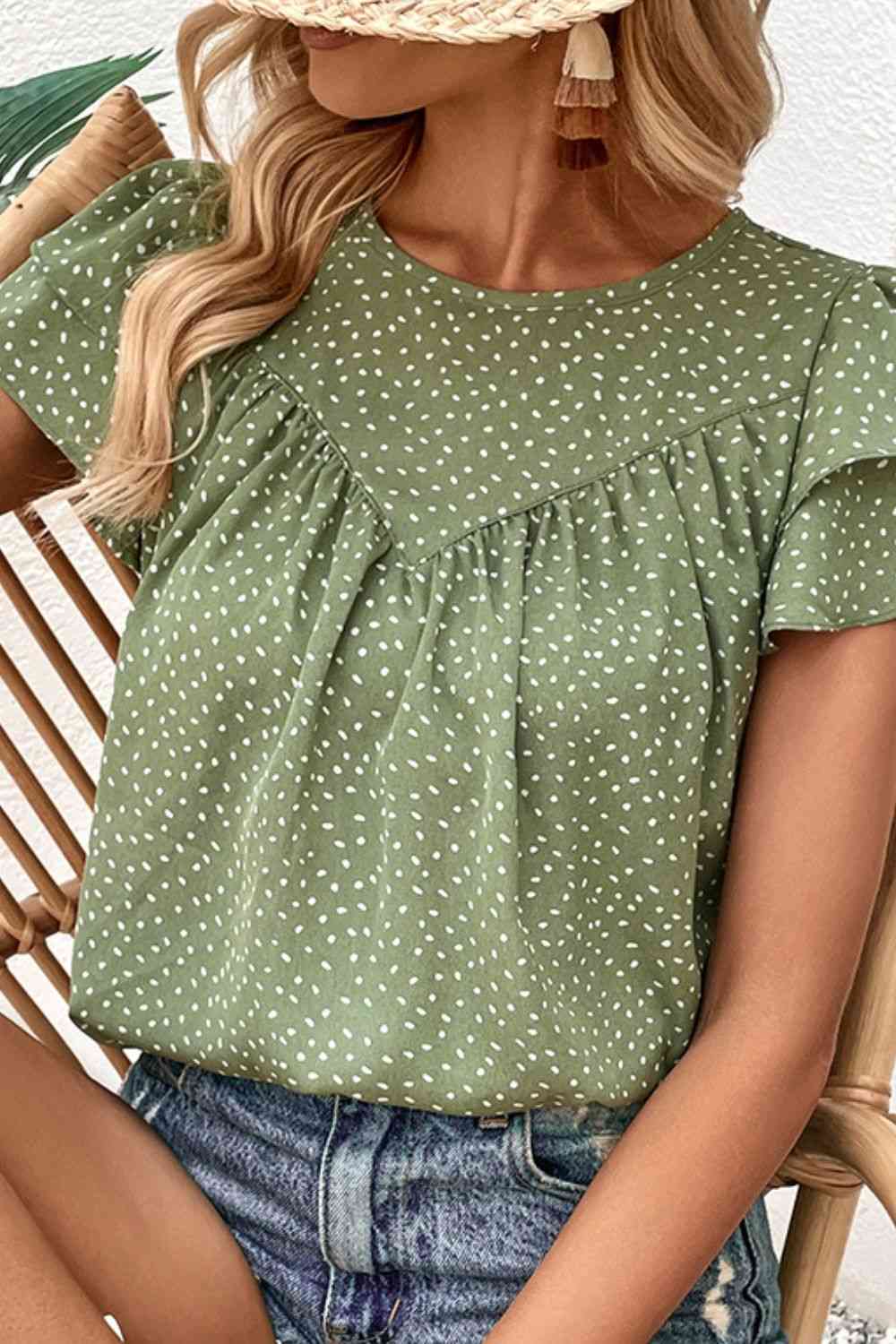 Printed Round Neck Puff Sleeve Blouse - Tophatter Deals