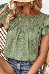Printed Round Neck Puff Sleeve Blouse Blouses - Tophatter Daily Deals