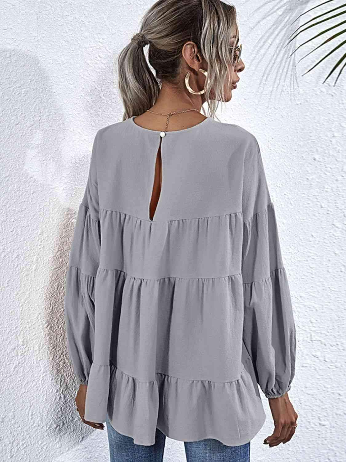 Round Neck Dropped Shoulder Tiered Blouse Blouses - Tophatter Daily Deals