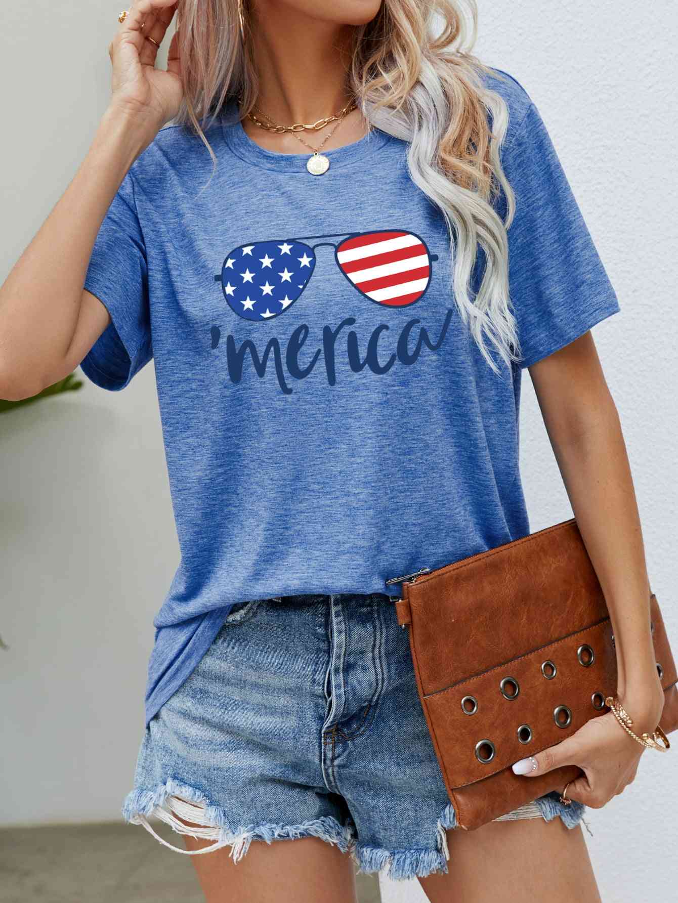 US Flag Glasses Graphic Tee Cobalt Blue Women's T-Shirts - Tophatter Daily Deals