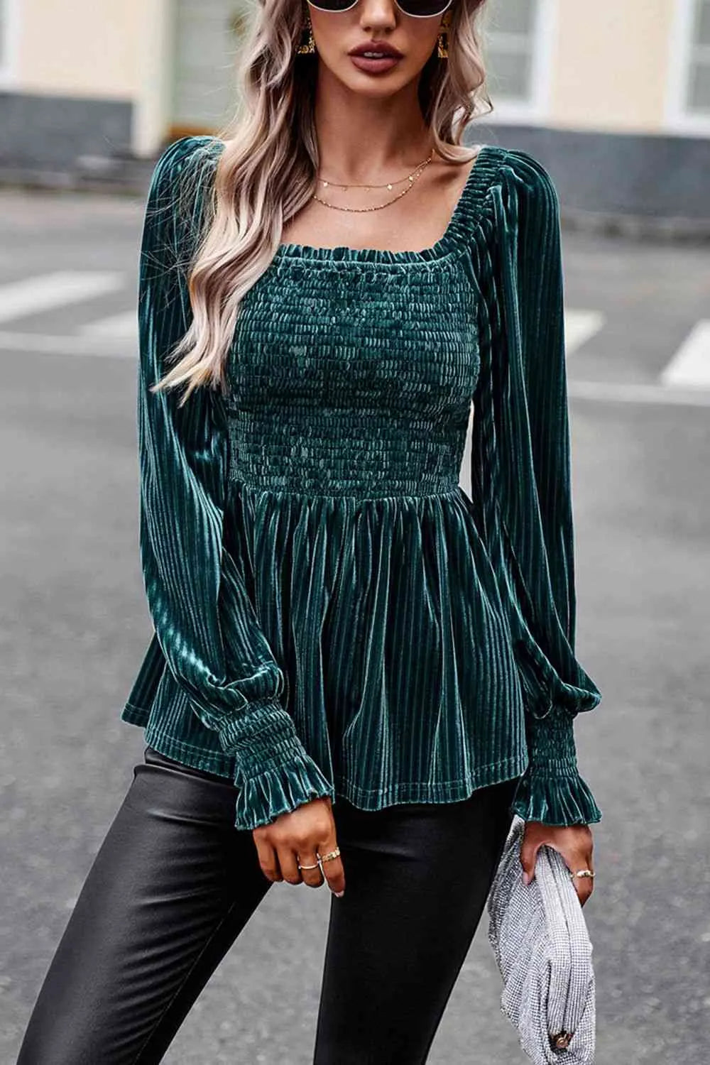 Smocked Square Neck Long Sleeve Blouse Blouses - Tophatter Daily Deals