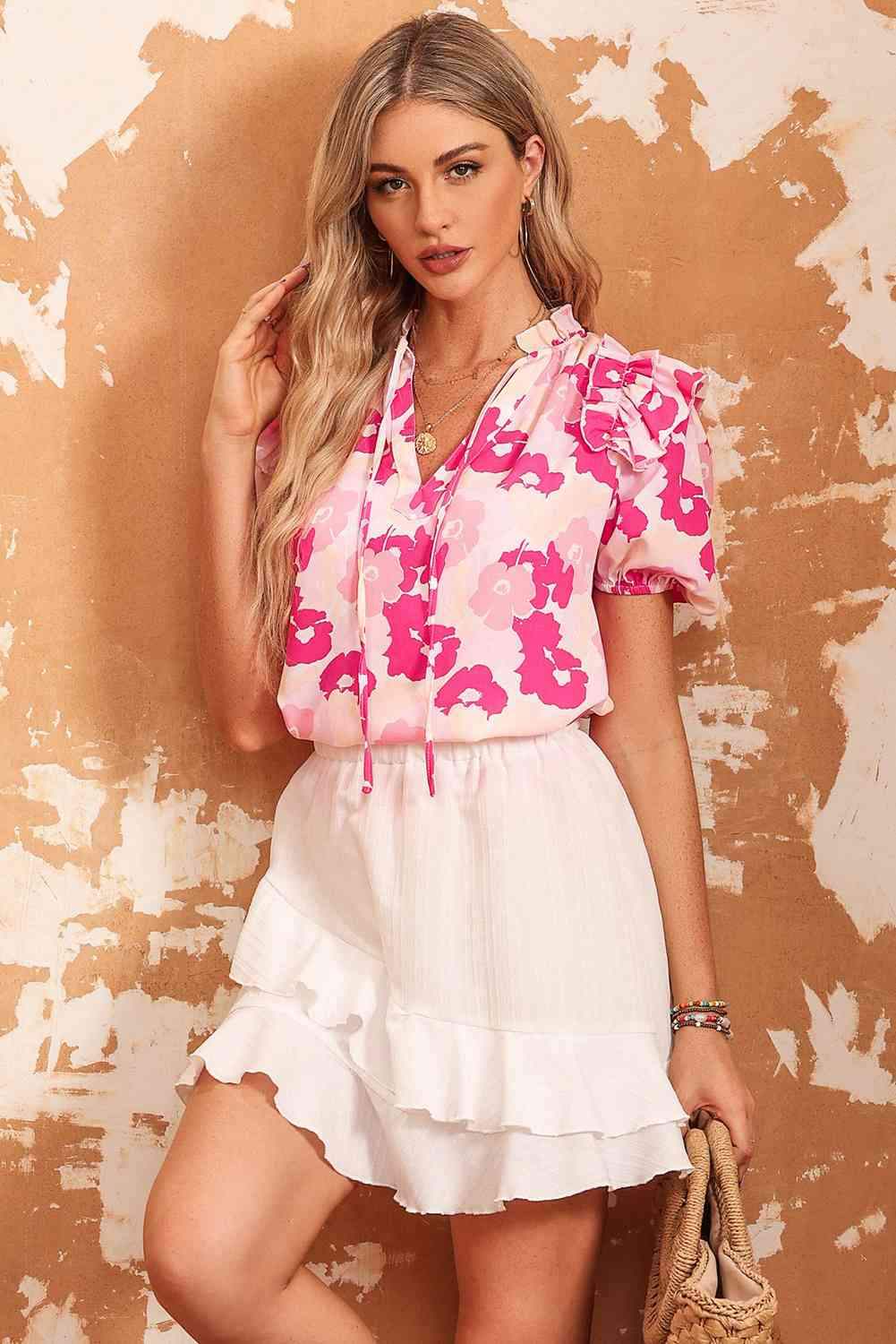 Floral Tie Neck Ruffle Shoulder Blouse Blouses - Tophatter Daily Deals