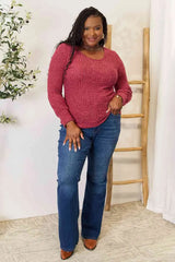 Double Take Ribbed Round Neck Lantern Sleeve Blouse Blouses - Tophatter Daily Deals