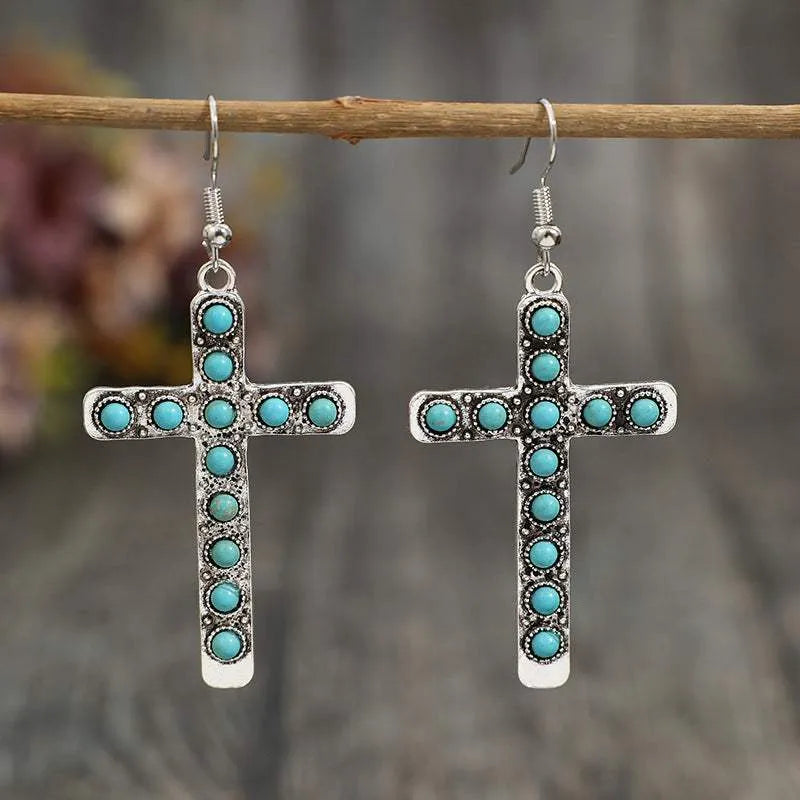 Artificial Turquoise Cross Shape Earrings Silver One Size Earrings - Tophatter Daily Deals