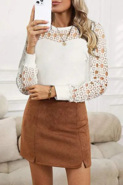 Hollowed Floral Lace Spliced Long Sleeve Blouse Blouses - Tophatter Daily Deals