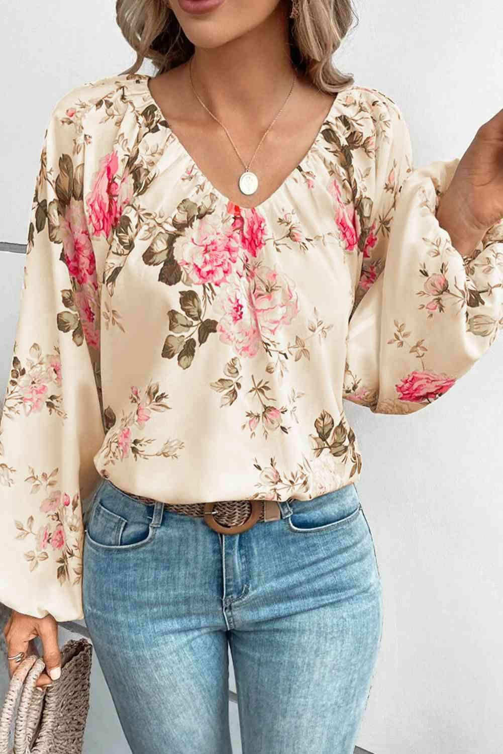 Floral V-Neck Balloon Sleeve Blouse Blouses - Tophatter Daily Deals