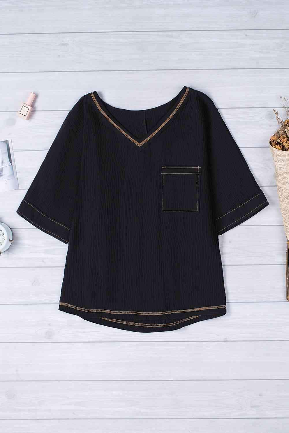 Textured V-Neck Half Sleeve Blouse Blouses - Tophatter Daily Deals