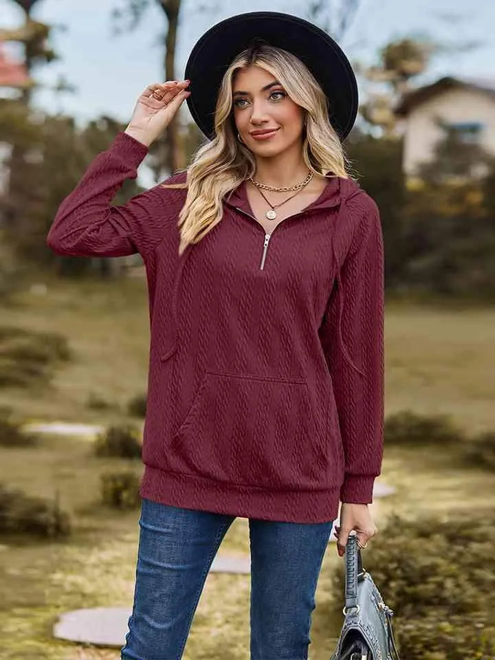 Cable-Knit Zip-Up Hooded Blouse Wine Blouses - Tophatter Daily Deals