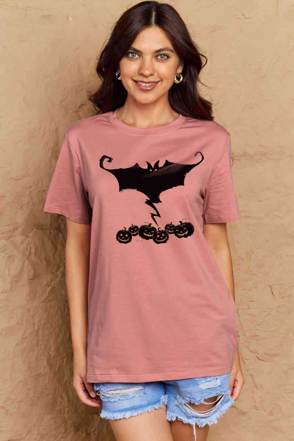 Simply Love Full Size Bat & Pumpkin Graphic Cotton T-Shirt Women's T-Shirts - Tophatter Daily Deals