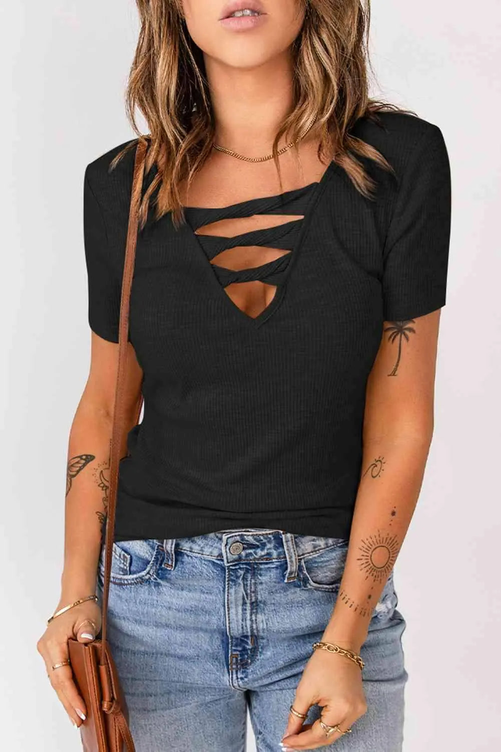 Strappy Ribbed Knit T-Shirt Black M Blouses - Tophatter Daily Deals