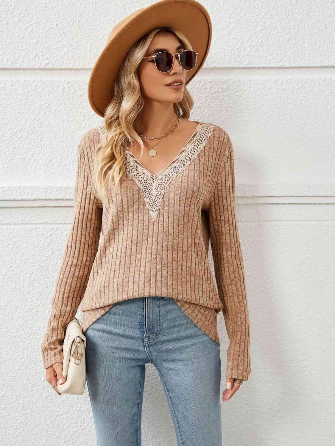 Contrast V-Neck Long Sleeve Blouse Blouses - Tophatter Daily Deals