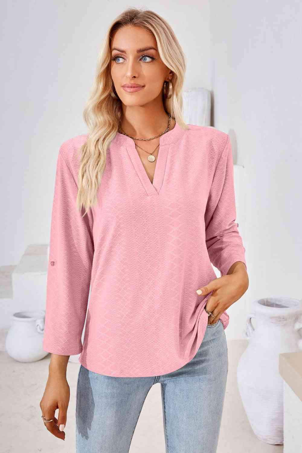 V-Neck Roll-Tap Sleeve Blouse Fuchsia Pink Blouses - Tophatter Daily Deals