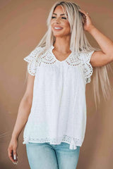 Eyelet Tassel Tie Flutter Sleeve Top Blouses - Tophatter Daily Deals