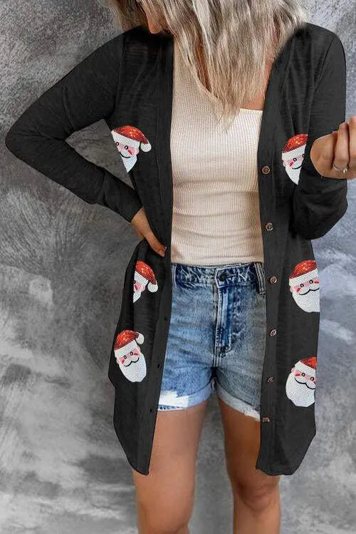 Sequin Santa Button Up Long Sleeve Cardigan Blouses - Tophatter Daily Deals