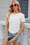 Eyelet Ruched Round Neck Short Sleeve T-Shirt White Women's T-Shirts - Tophatter Daily Deals