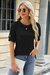 Round Neck Buttoned Short Sleeve T-Shirt Black Women's T-Shirts - Tophatter Daily Deals