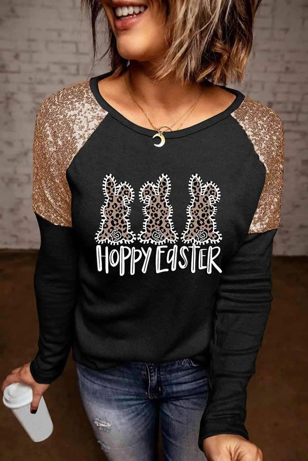 HOPPY EASTER Sequin Raglan Sleeve Top Blouses - Tophatter Daily Deals