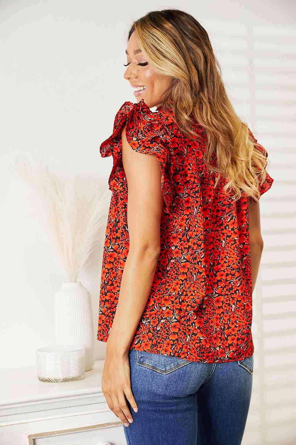 Double Take Floral Flutter Sleeve Notched Neck Blouse Blouses - Tophatter Daily Deals