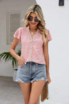 Ruffled V-Neck Button Up Cap Sleeve T-Shirt Women's T-Shirts - Tophatter Daily Deals