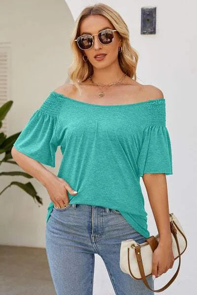 Smocked Round Neck Flutter Sleeve T-Shirt Women's T-Shirts - Tophatter Daily Deals