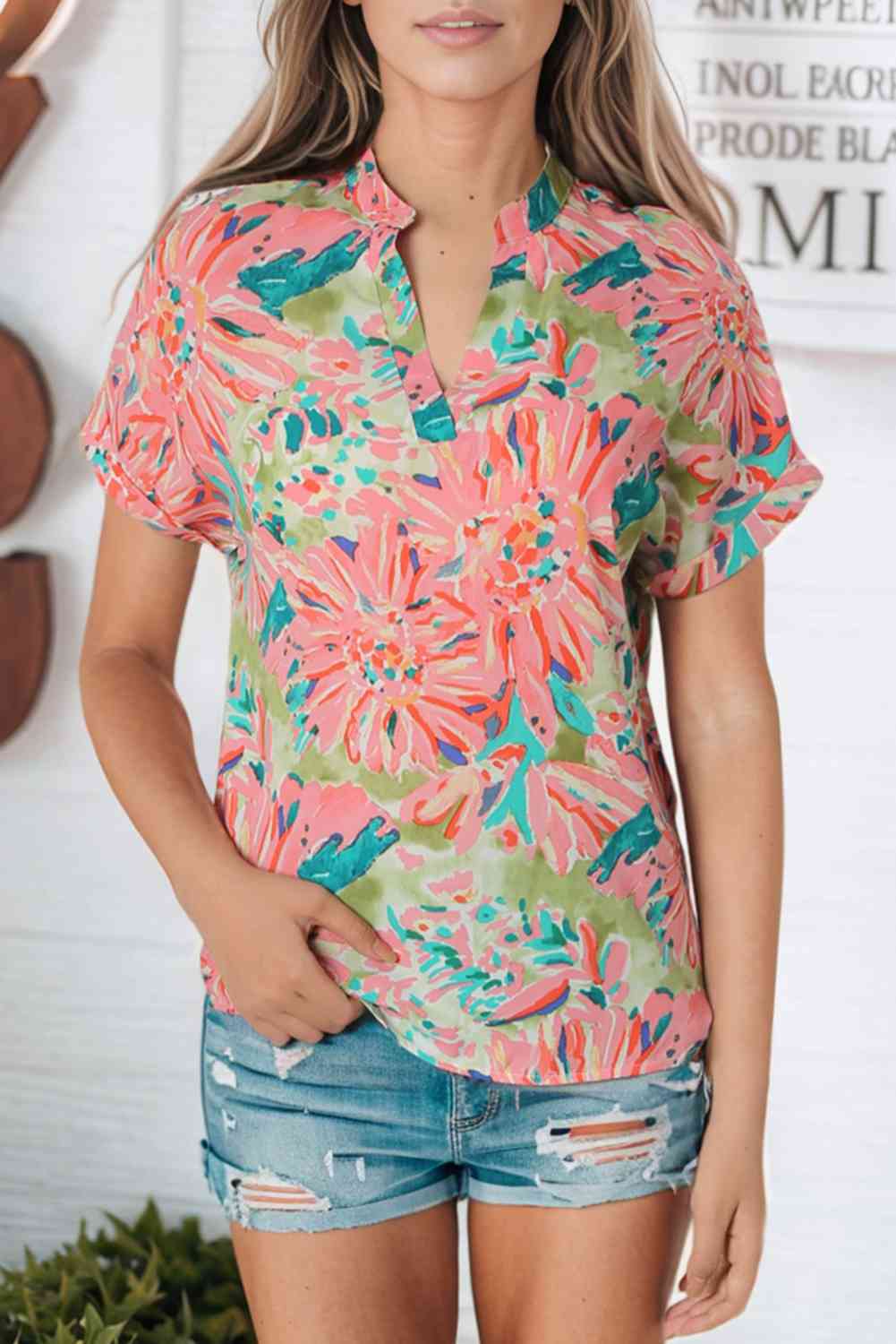 Floral Notched Neck Short Sleeve Top - Tophatter Deals