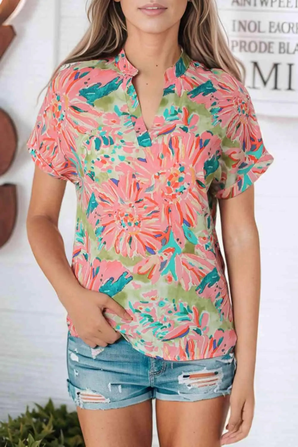 Floral Notched Neck Short Sleeve Top Blouses - Tophatter Daily Deals