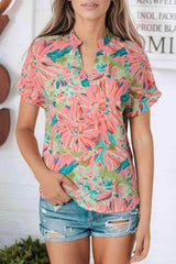 Floral Notched Neck Short Sleeve Top Blouses - Tophatter Daily Deals
