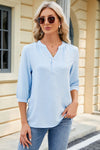 Notched Three-Quarter Sleeve T-Shirt Pastel Blue Women's T-Shirts - Tophatter Daily Deals