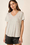 Mittoshop Striped V-Neck Short Sleeve T-Shirt Ivory black Women's T-Shirts - Tophatter Daily Deals