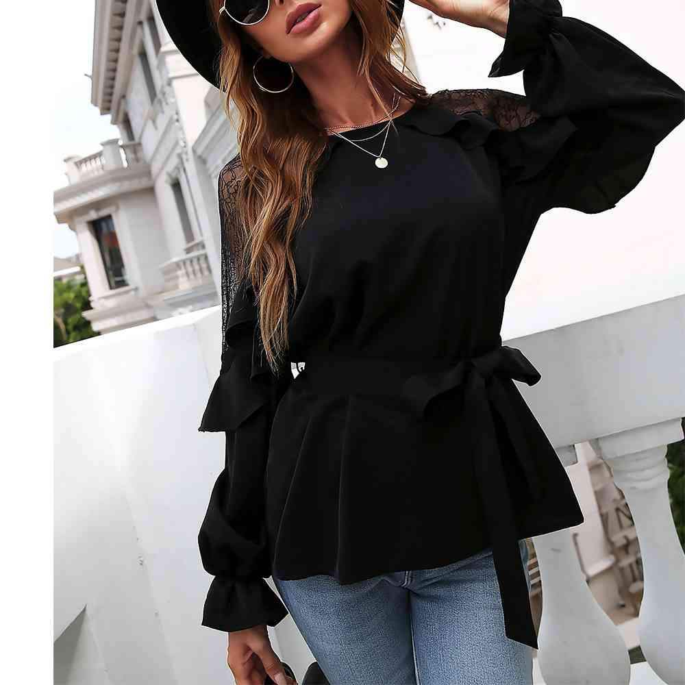 Round Neck Front Tie Flounce Sleeve Lace Cap Blouse Blouses - Tophatter Daily Deals