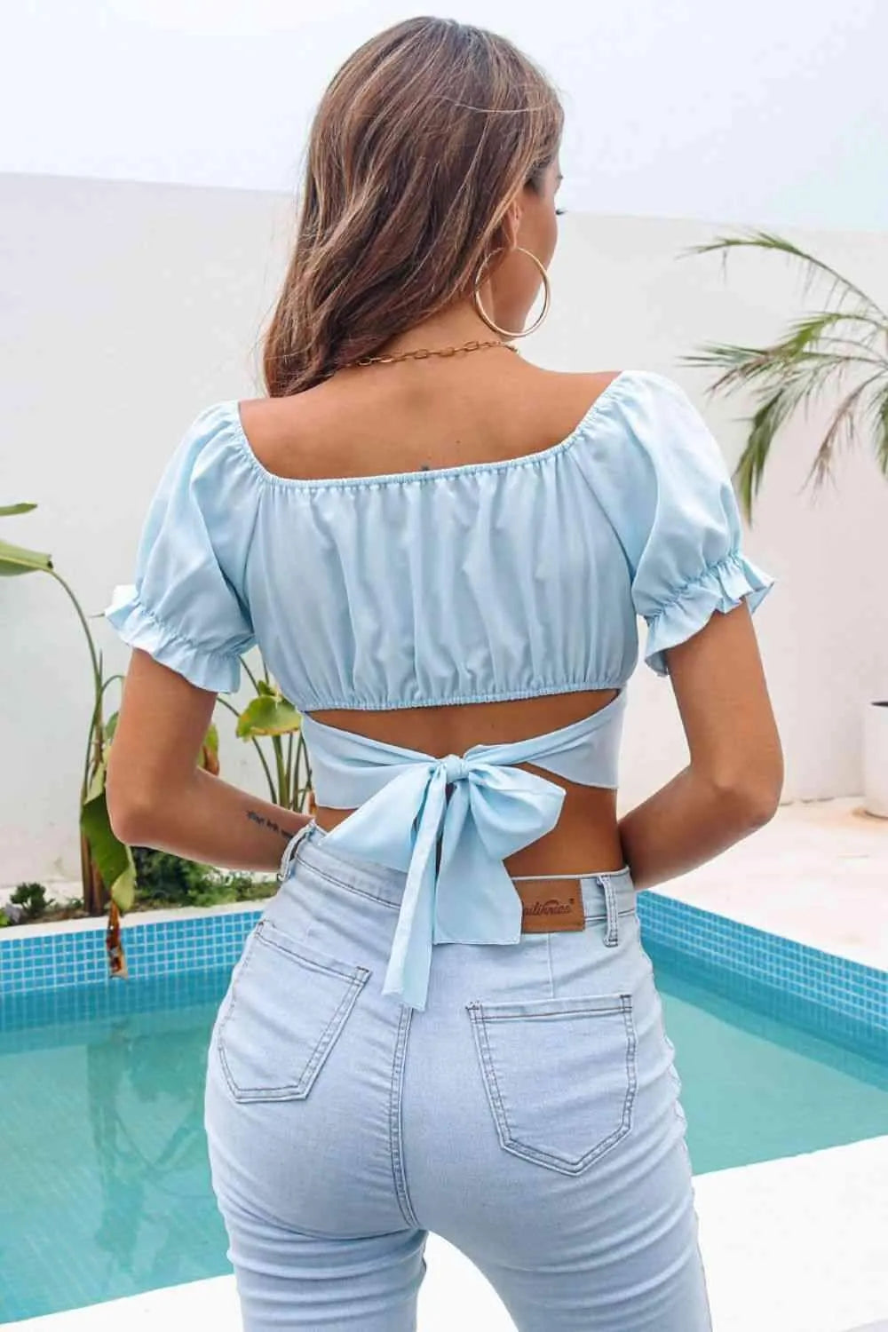 Ruched Square Neck Tie Back Cropped Top Blouses - Tophatter Daily Deals