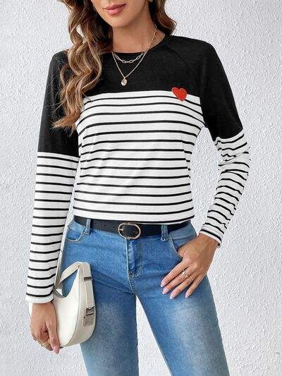 Heart Patch Striped Round Neck Long Sleeve T-Shirt Black Women's T-Shirts - Tophatter Daily Deals