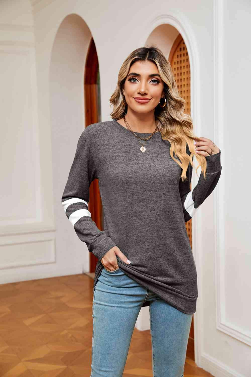 Round Neck Long Sleeve Top Heather Gray Women's T-Shirts - Tophatter Daily Deals