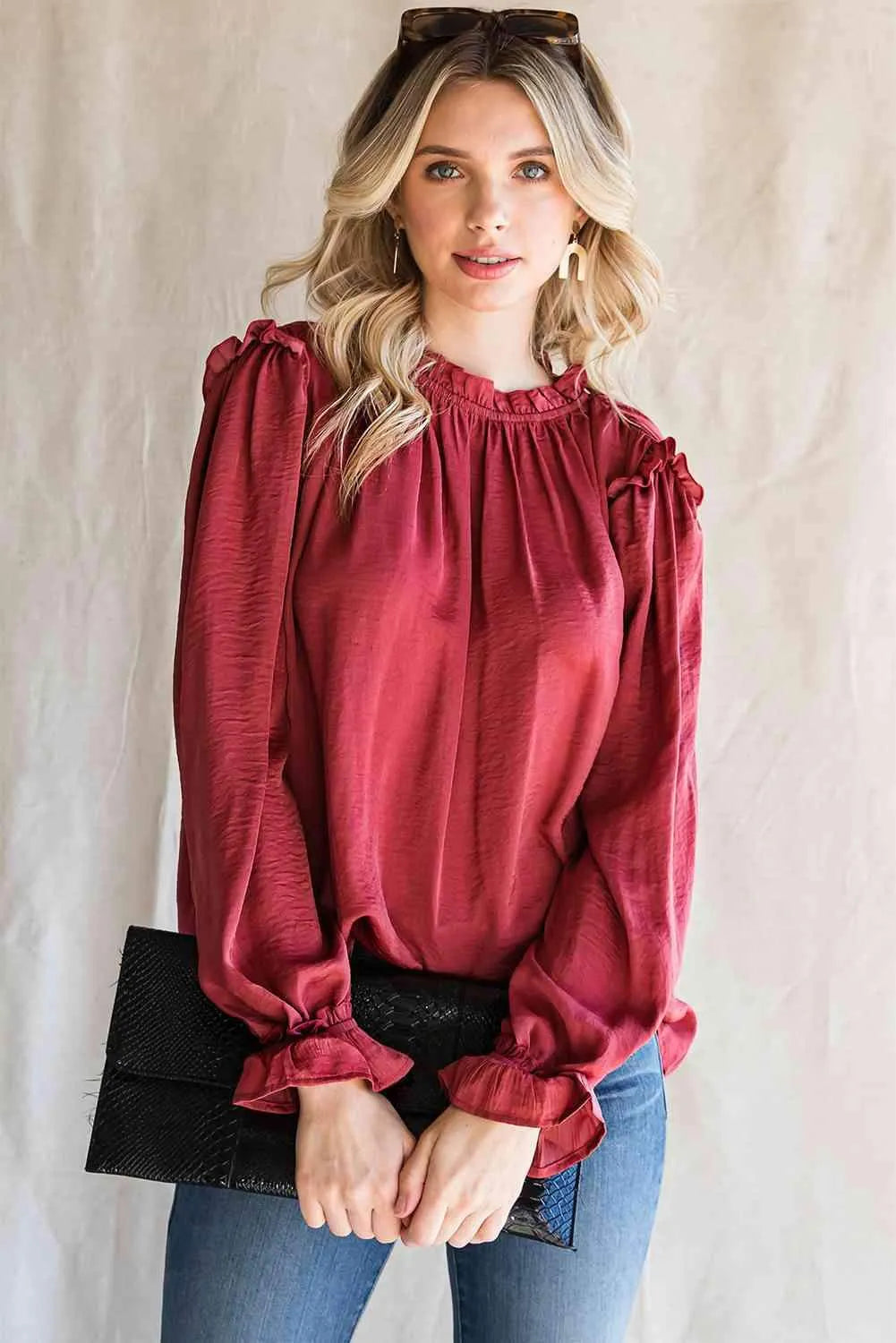 Frilled Neck Long Flounce Sleeve Blouse Blouses - Tophatter Daily Deals